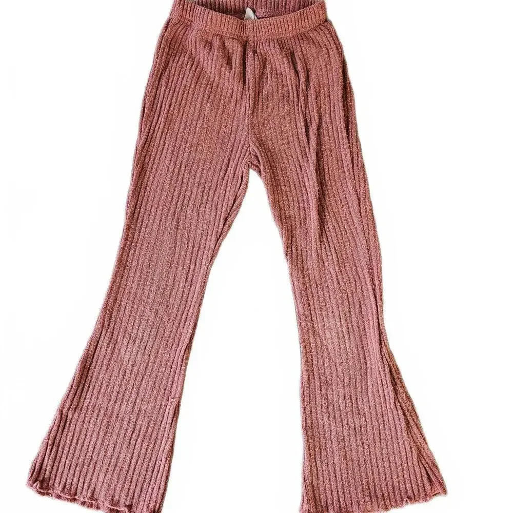 Kids Ribbed Knit Flared Pants Size 6Y Pink